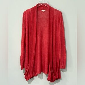 Eileen Fisher Coral Linen Open Front Long Sleeve Cardigan Sweater Large Pockets✨